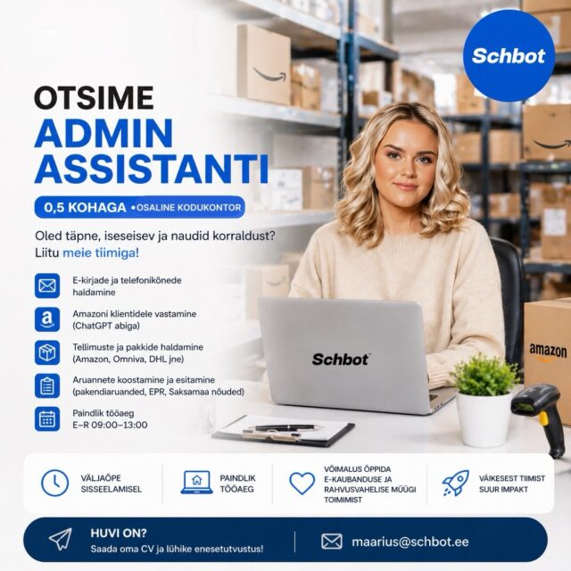OTSIME ADMIN ASSISTENTI (0,5 KOHTA) 🚀

Schbot kasvab ja otsime enda tiimi inimest, kes aitab igapäevase e-kaubanduse ja admini tööd korras hoida.

See ei ole “lihtsalt kontoritöö”.
Siin saad päriselt aru, kuidas rahvusvaheline müük ja e-commerce toimib.

Mida sa tegema hakkad?
– suhtled klientidega (e-mail, telefon, Amazon)
– lahendad tellimuste ja tarnetega seotud olukordi
– haldad pakke ja logistikat (Amazon, DHL, Omniva jne)
– koostad lihtsamaid aruandeid (nt pakendi, EPR)
– kasutad ChatGPT-d igapäevases töös

Sulle sobib see töö, kui:
– oled iseseisev ja ei oota iga sammu jaoks juhiseid
– oled täpne ja suudad asju lõpuni viia
– suhtled vabalt eesti ja inglise keeles
– õpid kiiresti ja ei karda uusi süsteeme

Mida pakume?
– 0,5 koormus (E–R ca 09:00–13:00)
– paindlik töö ja x nädalas kodukontor
– võimalus õppida e-kaubandust ja rahvusvahelist müüki
– kiirelt arenev bränd

Kui tunned, et see on sinu teema, siis kandideeri meile 👇https://www.cvkeskus.ee/admin-assistant-05-kohaga-tallinnas-schbot-robotics-ou-1028914
📩 

#schbot