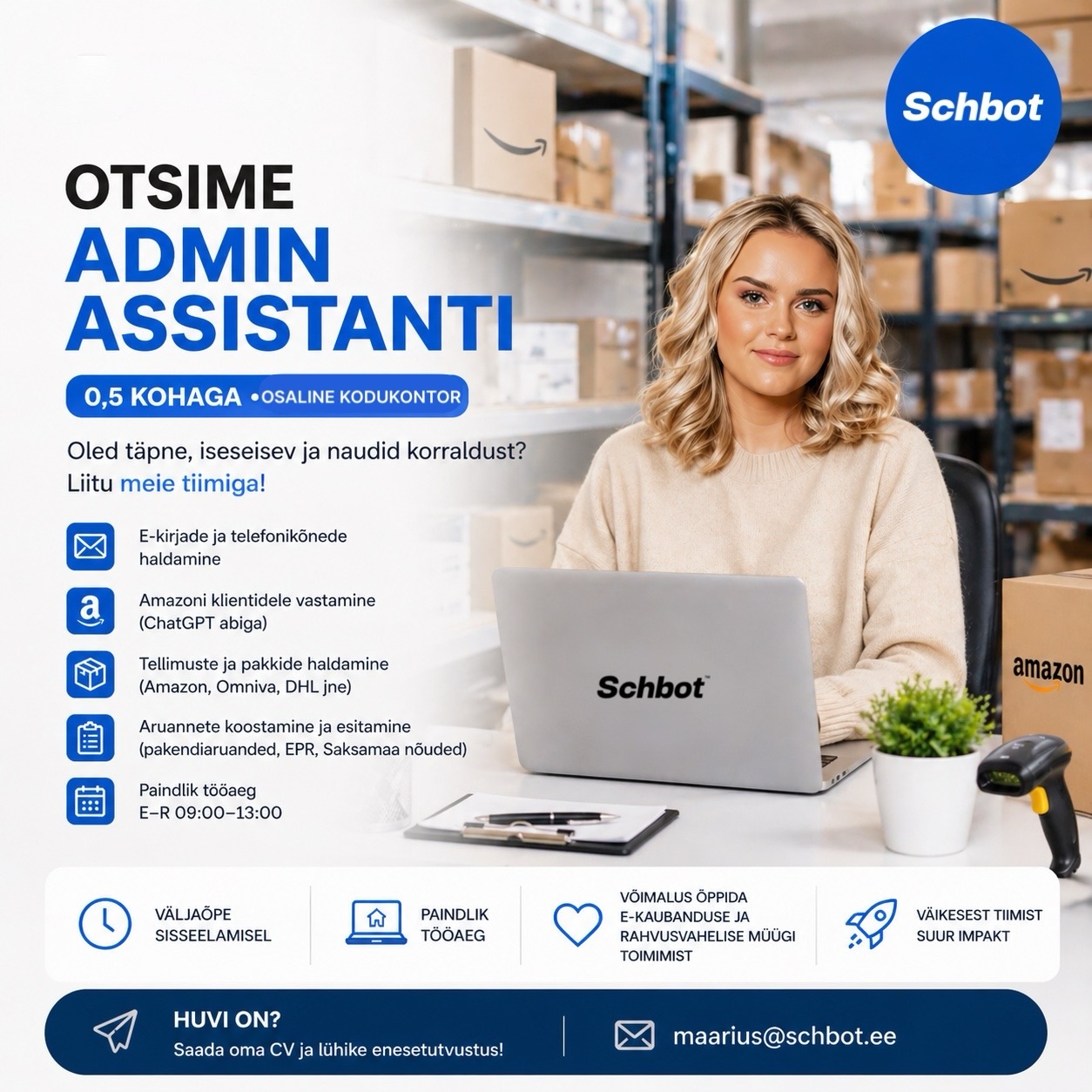 OTSIME ADMIN ASSISTENTI (0,5 KOHTA) 🚀

Schbot kasvab ja otsime enda tiimi inimest, kes aitab igapäevase e-kaubanduse ja admini tööd korras hoida.

See ei ole “lihtsalt kontoritöö”.
Siin saad päriselt aru, kuidas rahvusvaheline müük ja e-commerce toimib.

Mida sa tegema hakkad?
– suhtled klientidega (e-mail, telefon, Amazon)
– lahendad tellimuste ja tarnetega seotud olukordi
– haldad pakke ja logistikat (Amazon, DHL, Omniva jne)
– koostad lihtsamaid aruandeid (nt pakendi, EPR)
– kasutad ChatGPT-d igapäevases töös

Sulle sobib see töö, kui:
– oled iseseisev ja ei oota iga sammu jaoks juhiseid
– oled täpne ja suudad asju lõpuni viia
– suhtled vabalt eesti ja inglise keeles
– õpid kiiresti ja ei karda uusi süsteeme

Mida pakume?
– 0,5 koormus (E–R ca 09:00–13:00)
– paindlik töö ja x nädalas kodukontor
– võimalus õppida e-kaubandust ja rahvusvahelist müüki
– kiirelt arenev bränd

Kui tunned, et see on sinu teema, siis kandideeri meile 👇https://www.cvkeskus.ee/admin-assistant-05-kohaga-tallinnas-schbot-robotics-ou-1028914
📩 

#schbot